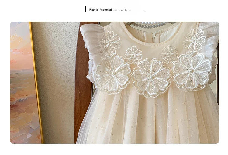 2025 Summer Dress for Girls with Flying Sleeves, Three-dimensional Flower Mesh Korean Version, Birthday Princess Fluffy Skirt