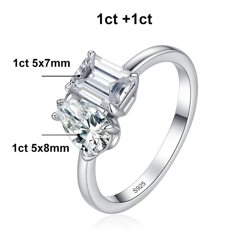 Pear Emerald Cut Moissanite Ring Engagement Rings for Women Two Stone 925 Sterling Silver with Gold Plated Wedding Band