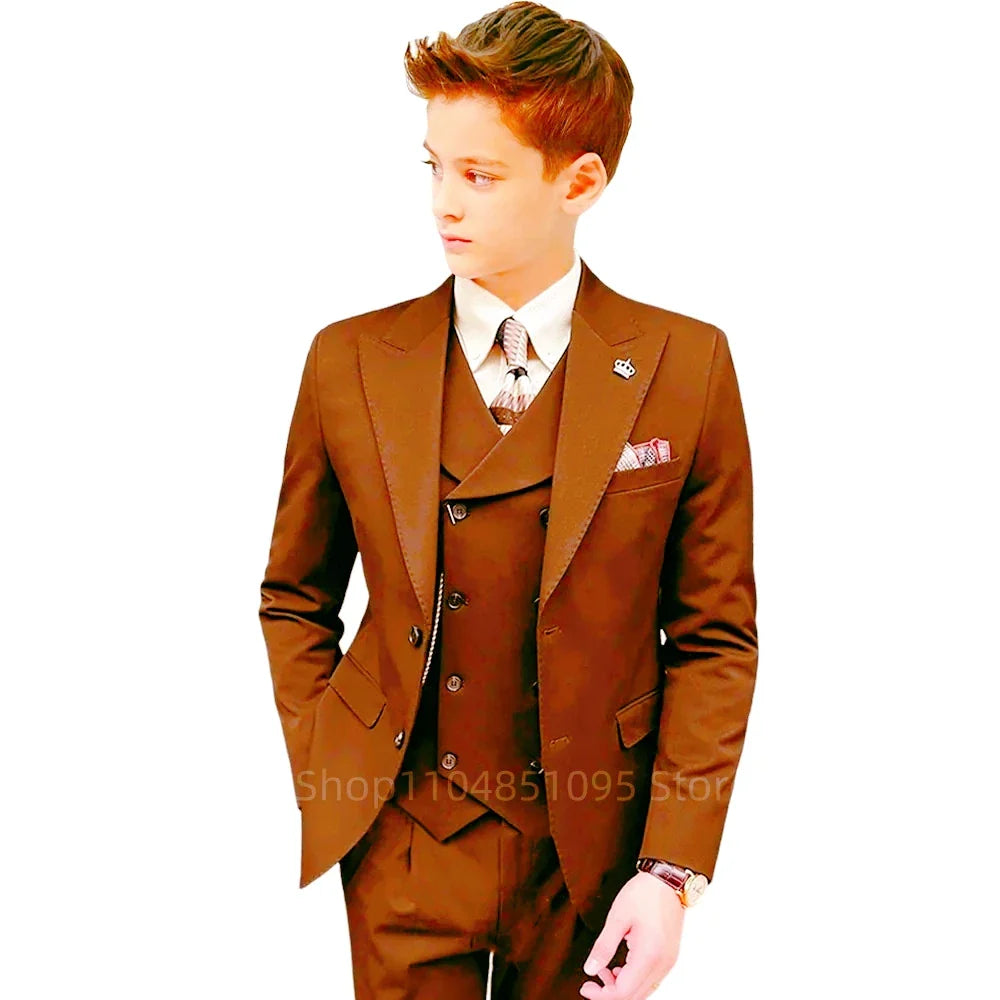3 Piece Slim Fit Boy Fashion Suits Cutsom Flower Boy Wedding Tuxedo Prom Wedding Peak Lapel Jacket Vest Pants Set Children Suit