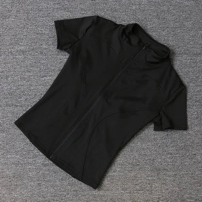 Summer High Quality Waist Slimming Training Tops Women's Quick-drying Tight Stand Collar Full Zipper Short Sleeves Yoga shirts