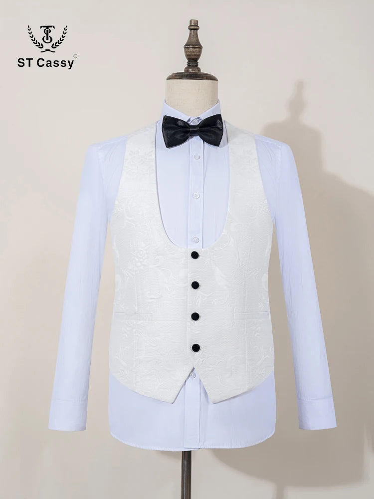 High Quality white party outfit for man luxury Retro carving Slim Fit Tuxedo Prom Suit Fashion Male Groom Wedding