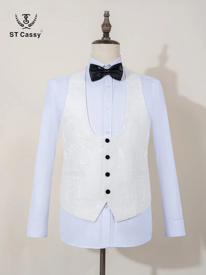 High Quality white party outfit for man luxury Retro carving Slim Fit Tuxedo Prom Suit Fashion Male Groom Wedding