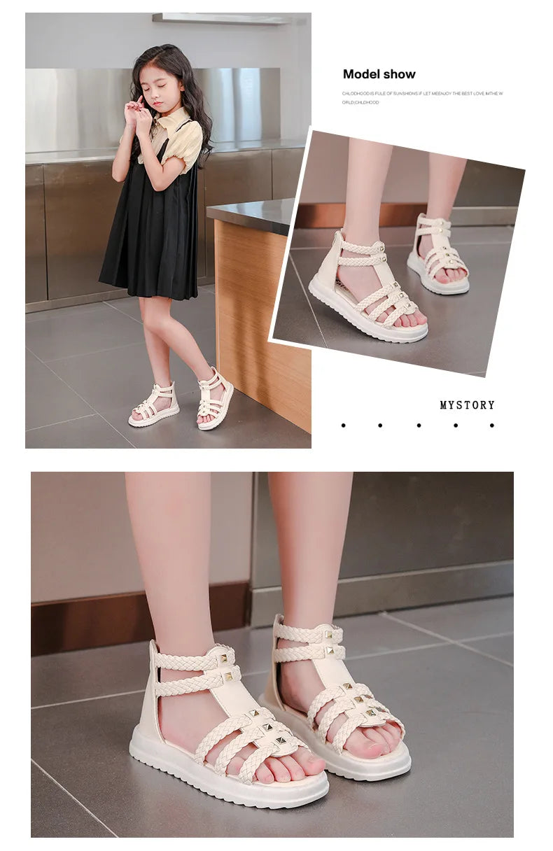 2026 Summer Gladiator Children Sandals Girl Soft Princess Shoes Retro Black Roman Sandal Outdoor Braided Shoe White Kids Shoes