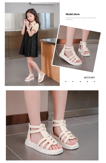 2026 Summer Gladiator Children Sandals Girl Soft Princess Shoes Retro Black Roman Sandal Outdoor Braided Shoe White Kids Shoes