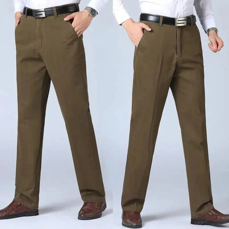Summer Thin Autumn Thick Men's 100% Cotton Straight Suit Pants Loose Trousers Business Solid Khaki Casual Brand Clothes GOZBKF