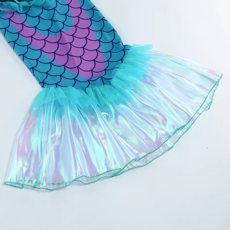Blue Red Purple Three Colors Mermaid Flying Sleeve Fishtail Beautiful Dress For Girl Summer Beach Party Cool Swimsuit Set