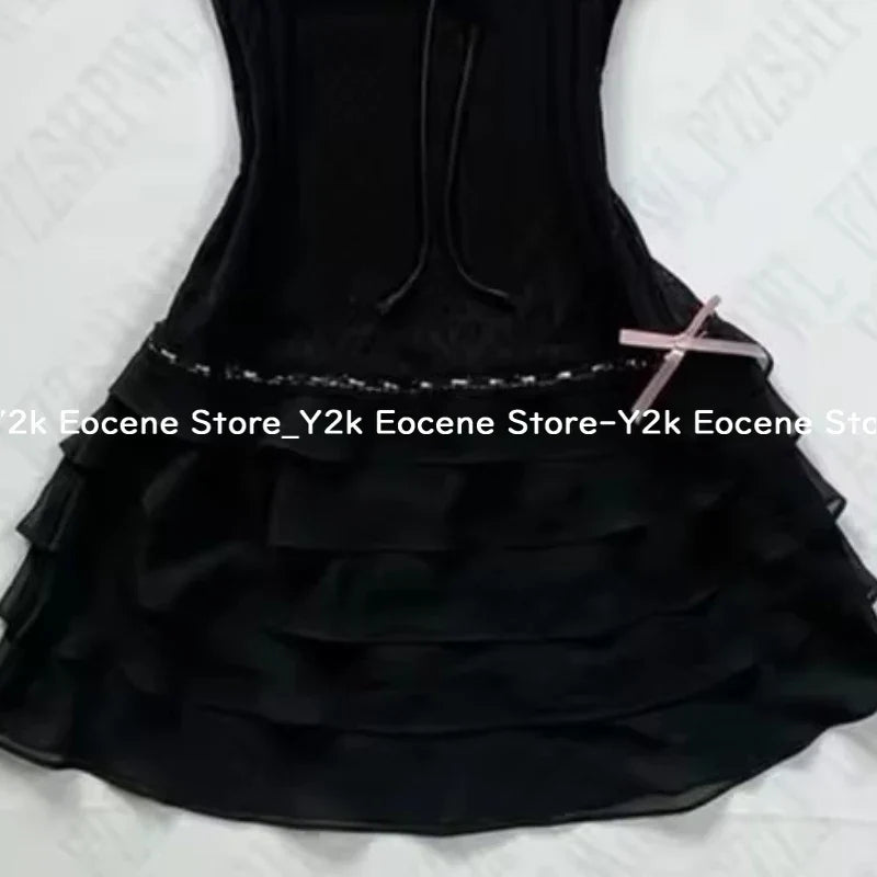 Harajuku Solid Lace Sweet Girly Dresses Elegant Strap Short Sleeve Suspenders Waist Dress Japanese Kawaii Bow Patchwork Clothes