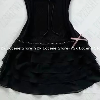 Harajuku Solid Lace Sweet Girly Dresses Elegant Strap Short Sleeve Suspenders Waist Dress Japanese Kawaii Bow Patchwork Clothes