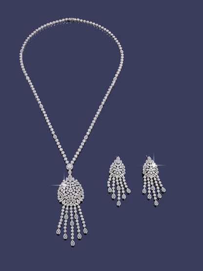Long Sweater Chain Tassel Necklace Earring Set for Women Luxury Cubic Zirconia Bridal Jewelry Set Wedding Accessorie