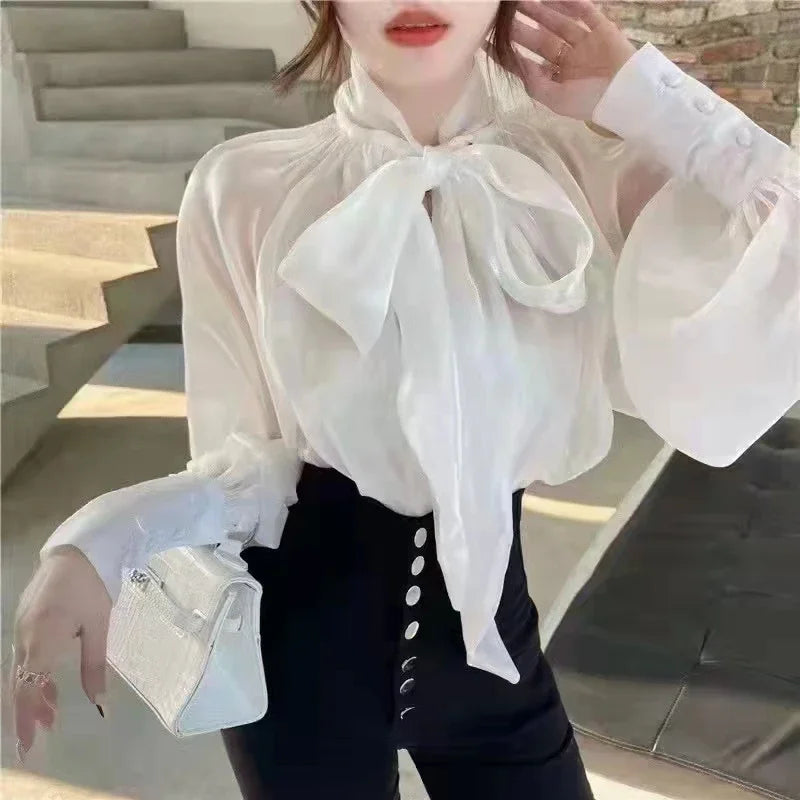 Women's Satin Blouses Stylish Big Bow Shirts 2023 Spring Autumn New Fashion Korean Edition Casual Puff Sleeve Female Solid Top