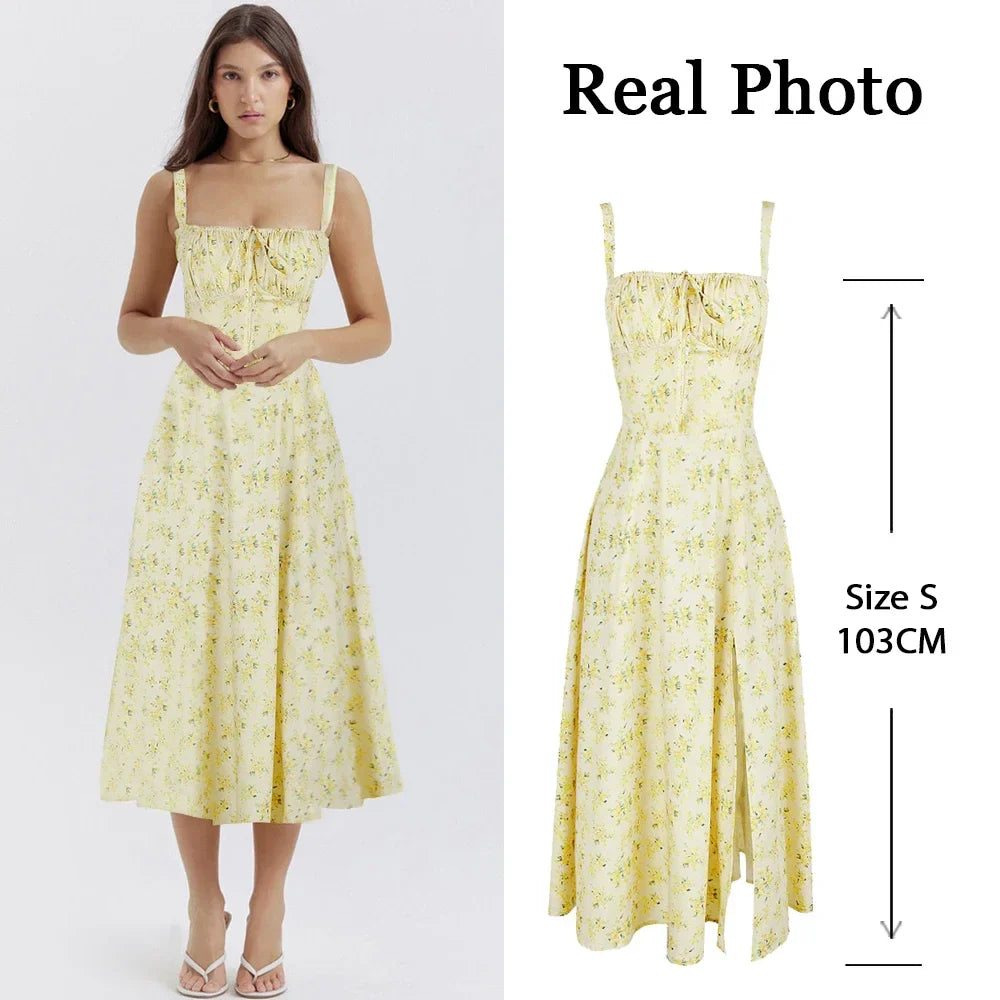 Women's Summer Floral Print Dresses Sweet Elegant Midi Holiday Dress Casual Slit Blue Lace Up Dresses 2023