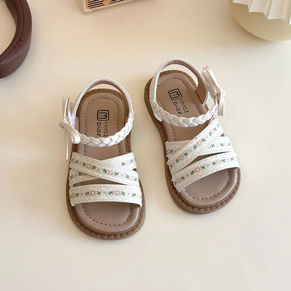 Summer Girl's Sandals Braided Flower Classic Trendy Vintage Kids Sliders Beige Brown Open Toe Holiday Pu Leather Children Shoes
