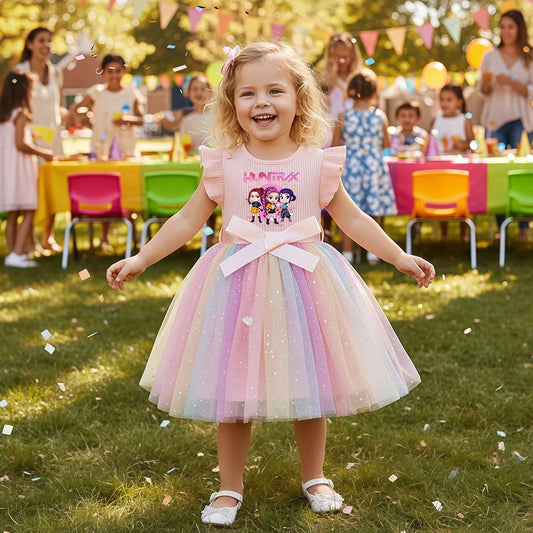 K-Pop Hunters Zoey Mira Rumi Girls Dress for Sequins Toddler Girls Rainbow Tulle Sweet Kids Princess Dress for Girls Party Gift
