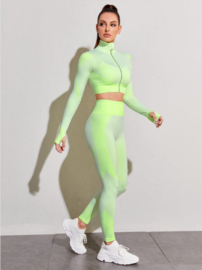 2PCS Seamless Women Yoga Set Workout Sportswear Gym Clothing Fitness Long Sleeve Crop Top High Waist Leggings Sports Suits