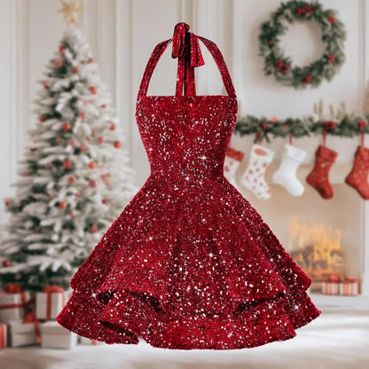 Sequin Short Homecoming Dress for Teens Short Prom Dresses Halter Neck Sparkly Tiered Cocktail Party Gowns