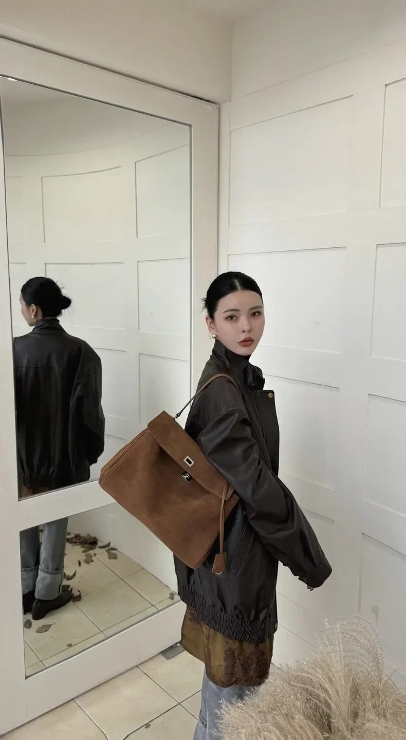 Suede Leather Tote Bag for Women Large Capacity Cowhide Shoulder Bag Designer Lock Satchel Chic Soft Nubuck Crossbody Purse