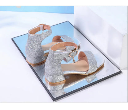2025 Summer New Children's Sandals Fashion Girls' High Heels Silver Sequins Open Toed Girls' Princess Sandals