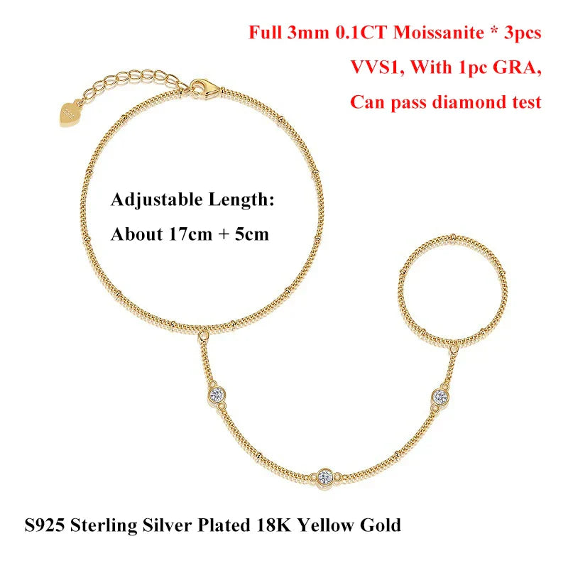 Round Bezel Full 0.1CT 3mm D Color Moissanite Diamond Link Bracelet for Women 925 Silver Adjustable 17-22cm Finger Chain