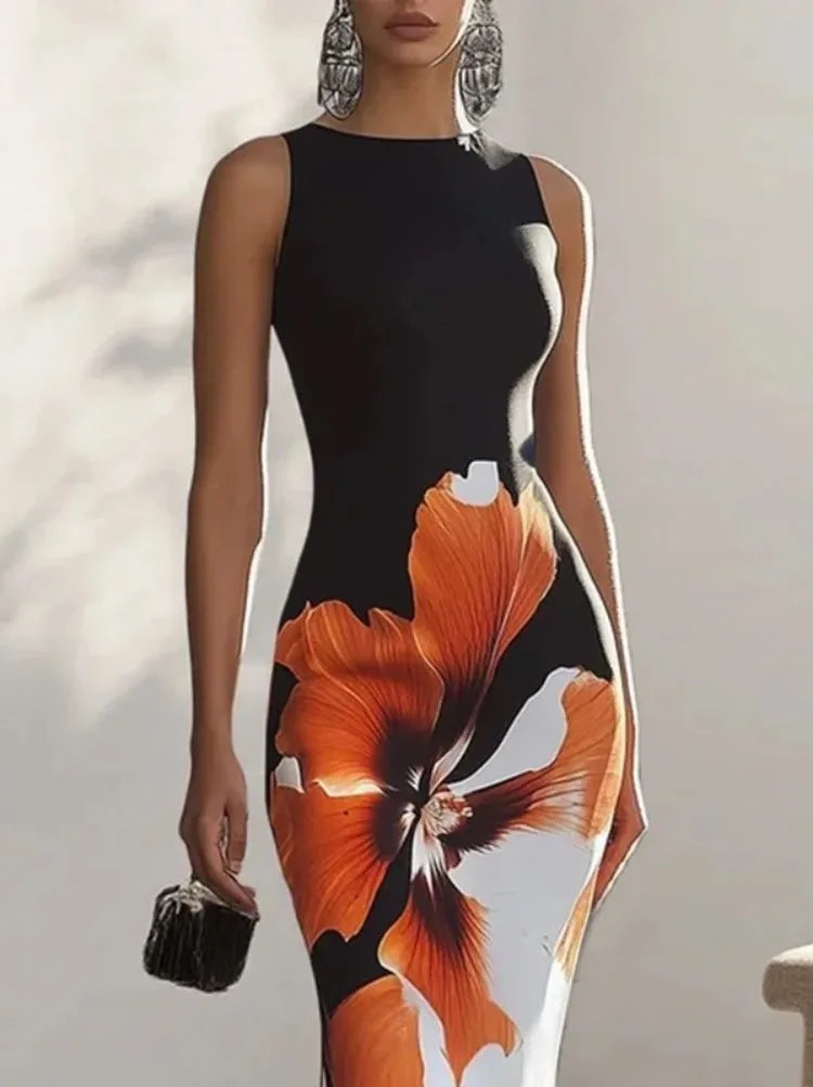 Skinny Sleeveless Flower Print Dress Women's Evening Dresses Elegant Sexy Outfit Black White Flowers Party Dress Robe