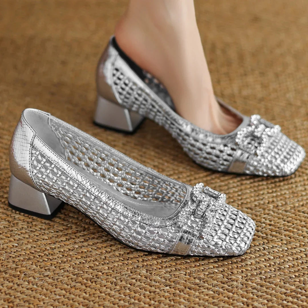 Women's genuine leather braided microfiber patchwork summer breathable pumps crystal buckle 4cm thick med heel daily dress shoes