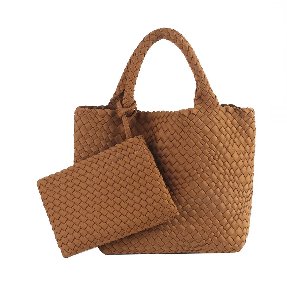 Woven Bag for Women, Neoprene Tote Bag Summer Beach Handbag Purse Retro Handmade Travel Shoulder Bag Set Neoprene Weave Tote Bag