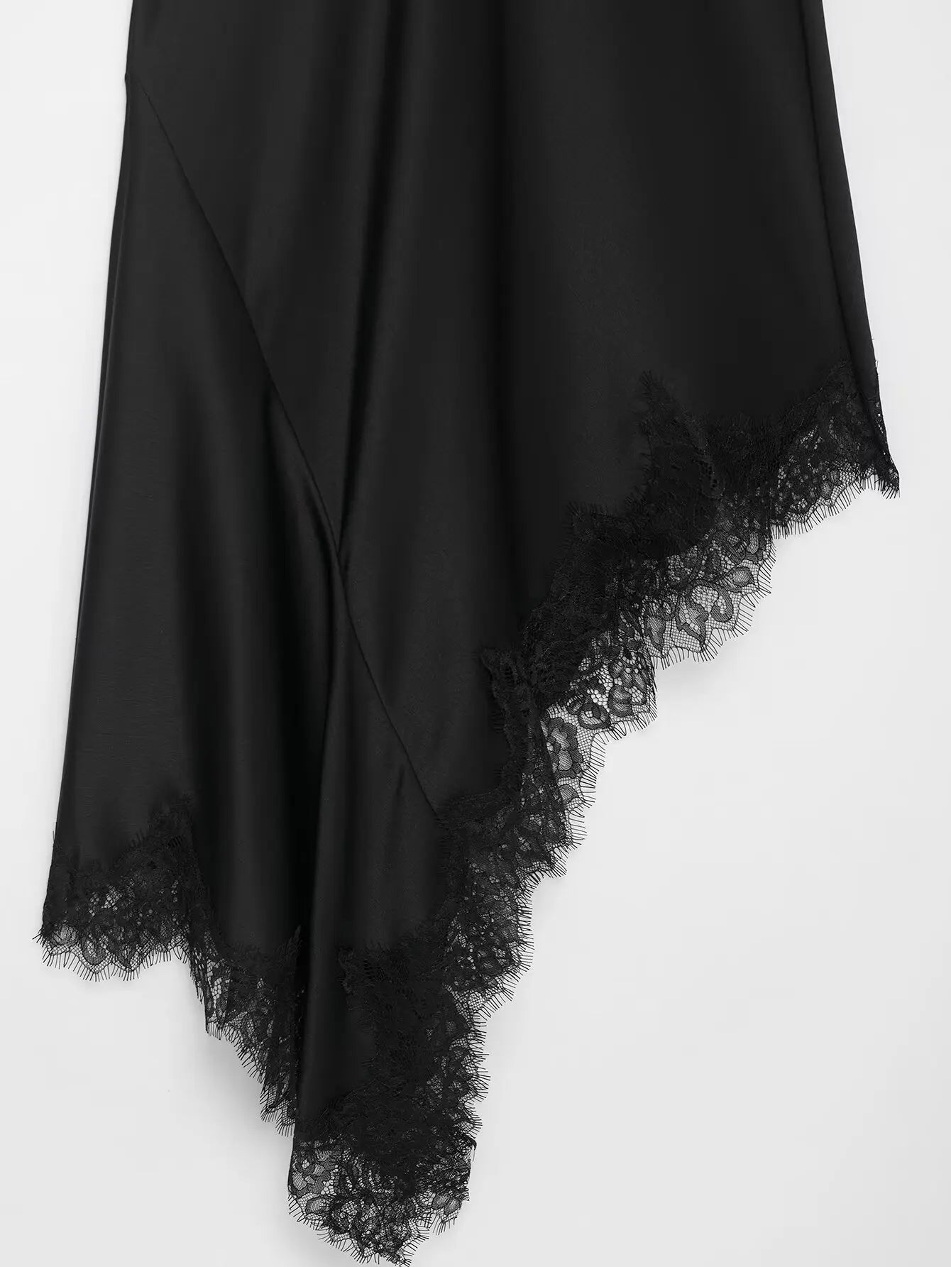 Summer New Product Women's Lace Decorative Satin Texture Strap Sexy Dress with Hanging Neck and Asymmetric Bottom
