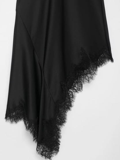 Summer New Product Women's Lace Decorative Satin Texture Strap Sexy Dress with Hanging Neck and Asymmetric Bottom