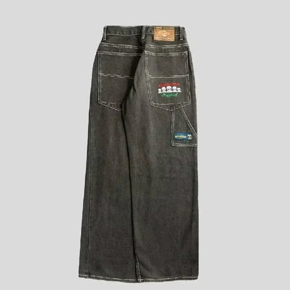 Calça Jeans Larga Retrô Azul com Bordado de Letras de Desenho Animado Hip Hop Harajuku Masculina Feminina Roupa Y2K Rock Cintura Baixa Perna Larga