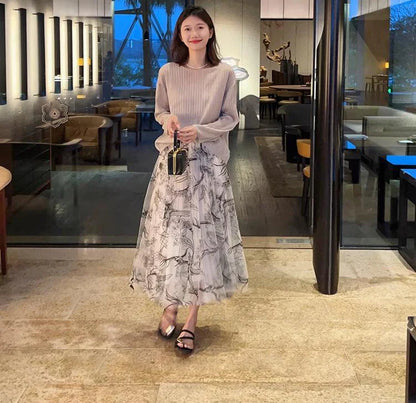 Women Flocking Flower Tulle Gauze Skirt Elegant Sweet Elastic Waist Midi Floral Mesh Skirt For All Season