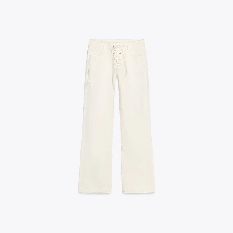 Women Loose White Lace Up Pockets Low Waist Straight Long Pants