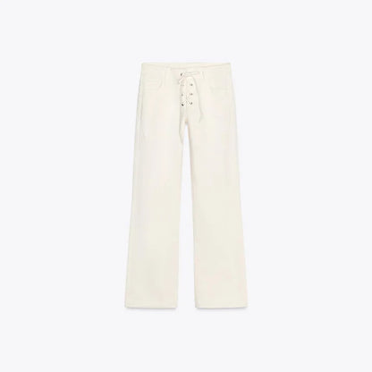 Women Loose White Lace Up Pockets Low Waist Straight Long Pants