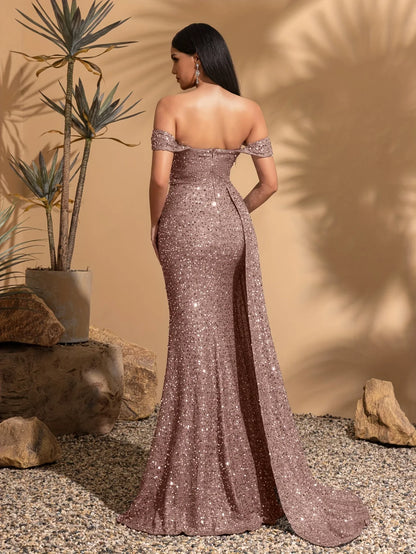 Elegant off-the-shoulder pleated side-skirt party dress
