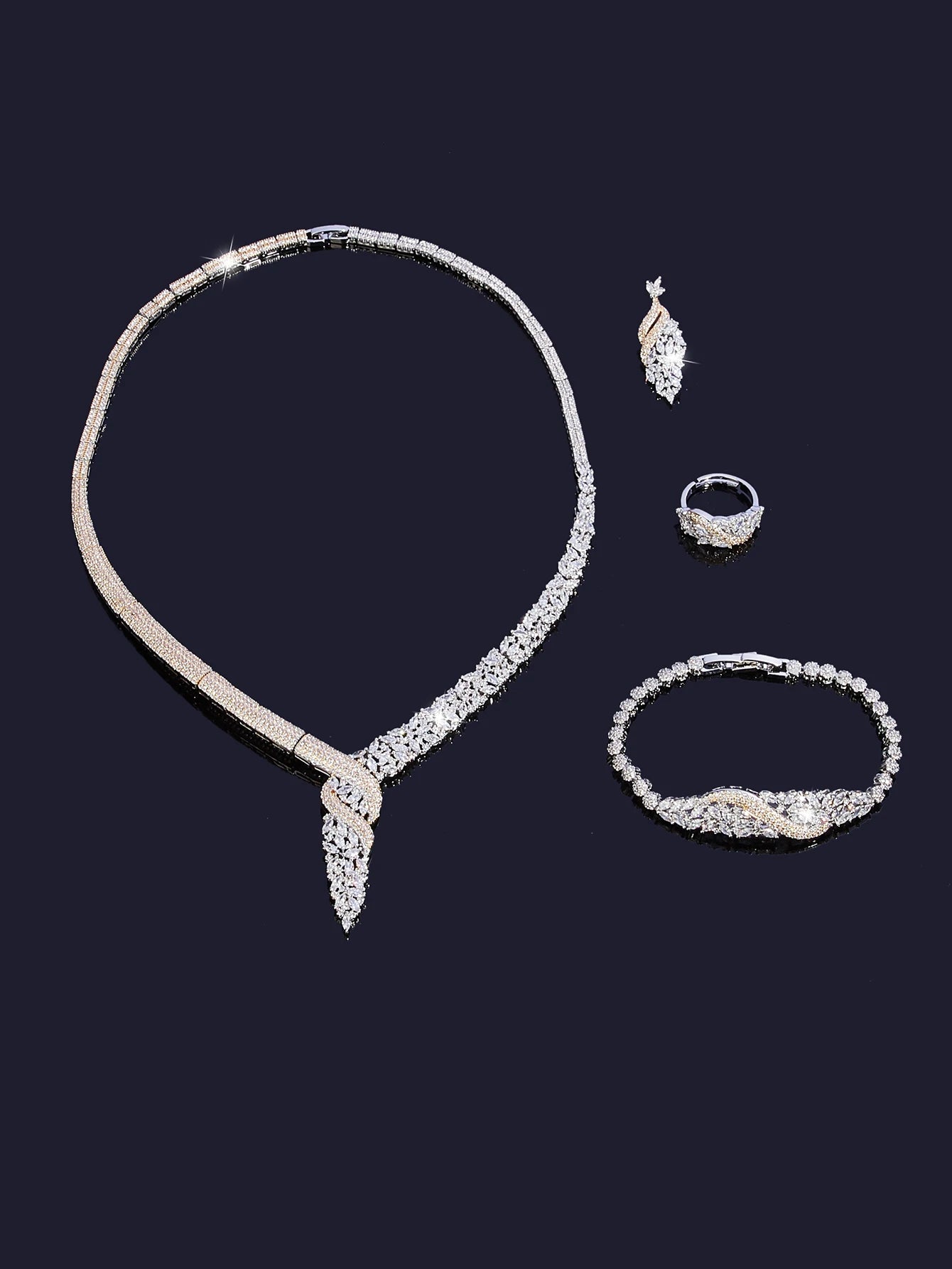 Bridal Two Color Zirconia For Women Party Luxury Dubai Necklace Bracelet Earringa Rings CZ Crystal Wedding Jewelry Sets