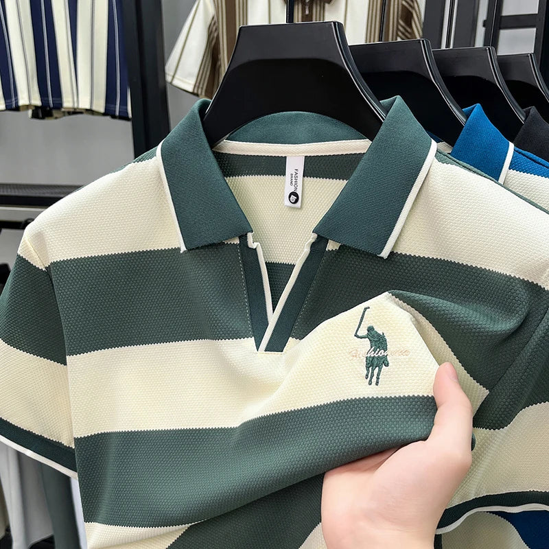 High End Embroidered Polo Shirt for Men, 2026 New Summer Striped Men's Short Sleeved T-shirt, Pure Cotton Lapel Half Sleeved Top