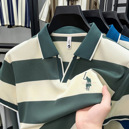 High End Embroidered Polo Shirt for Men, 2026 New Summer Striped Men's Short Sleeved T-shirt, Pure Cotton Lapel Half Sleeved Top