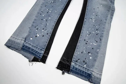 American retro washed letter spliced denim trousers high street trendy brand couple loose straight micro-flared long trousers