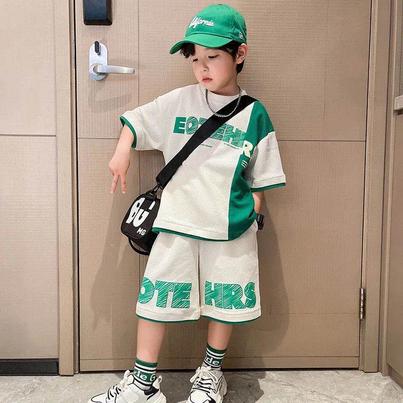 4 5 6 8 10 12 14 Years Summer Boys Clothing Sets New Fashion Letter Top + Shorts 2Pcs Kids Tracksuit Birthday Gifts Kids Clothes