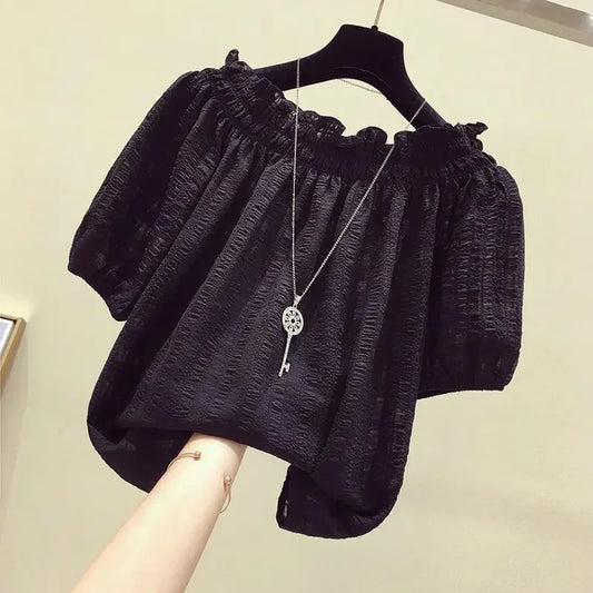 Black casual slash neck puff sleeve chiffon pullover women's blouse shirt female clothing tops fashion short blouses 2025