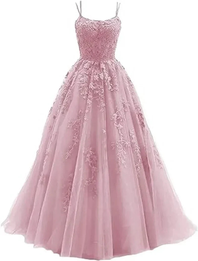 Tulle Spaghetti Straps Prom Dresses Long Lace Appliques Ball Gowns for Women