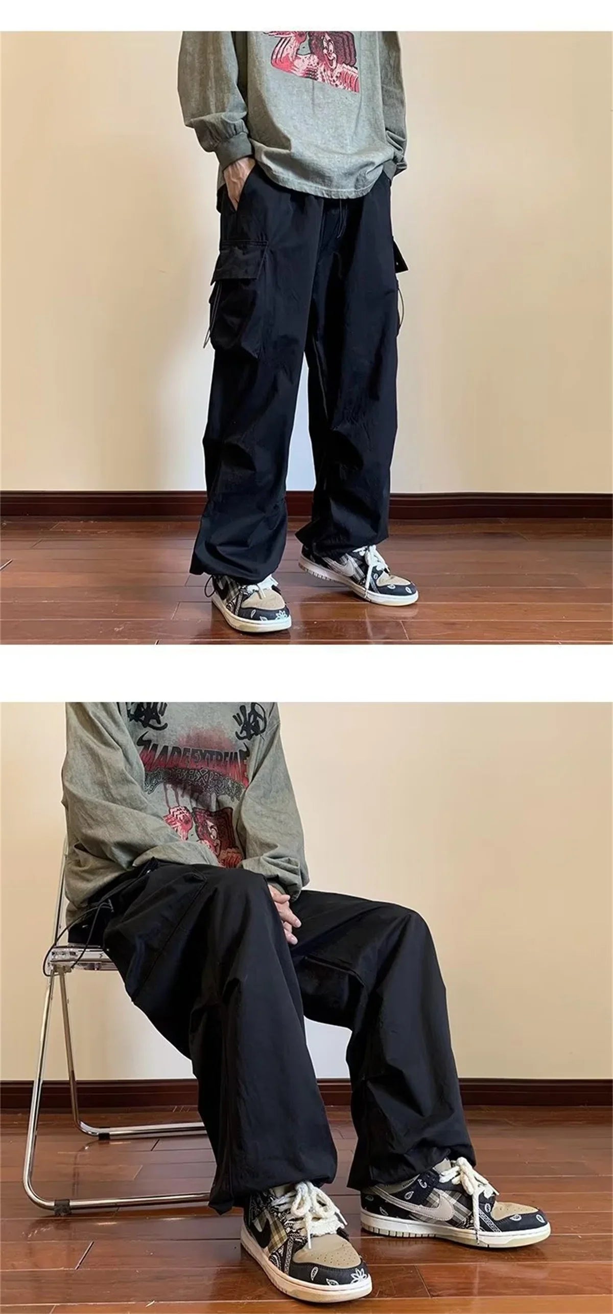 Streetwear 2025 New Spring Harem Multicolored Casual Pants Men Elastic Waist Solid Color Cargo Pants Multi Pocket Baggy Pants