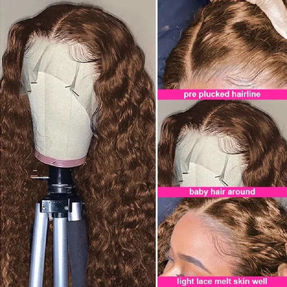 Chocolate Brown Curly Lace Front Wigs Human Hair Pre Plucked Deep Wave HD Transparent Lace Frontal Wig Brazilian Glueless Wigs