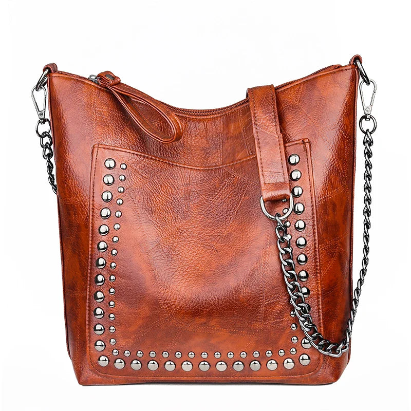 Retro Rivet Shoulder Bag Chain Crossbody Bags for Women Luxury Leather Messenger Bag Women Large Handbag Lady Bolsas De Mujer