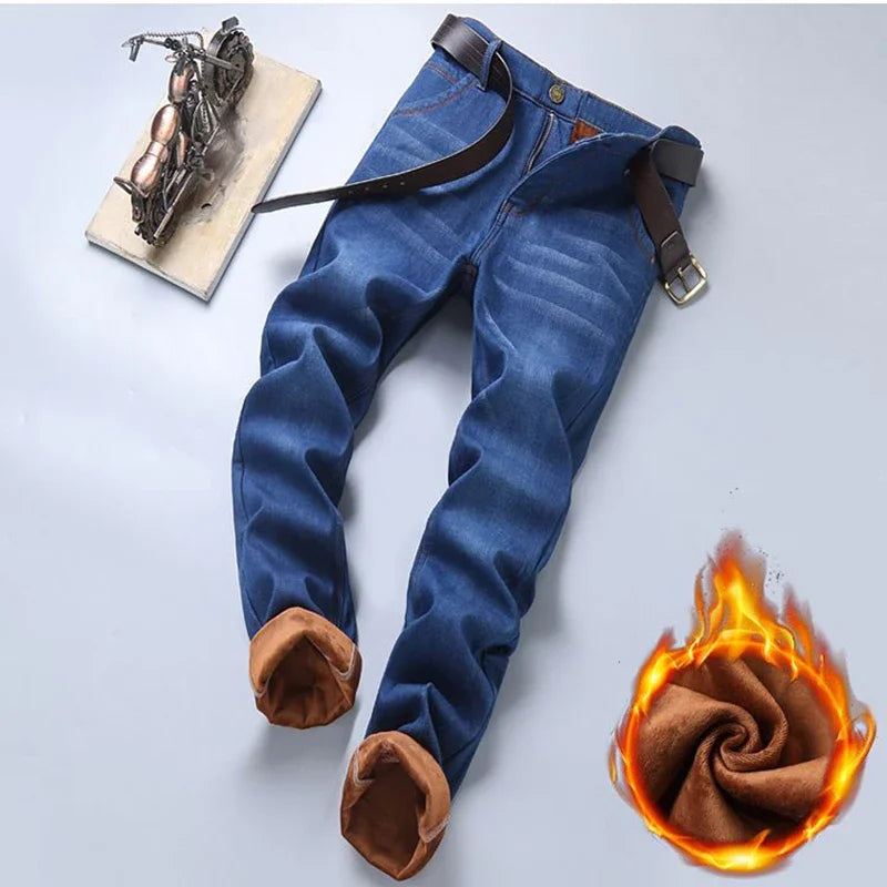 Men New Fashion Winter Warm Jeans Male Fleece Lined Thickened Denim Pants Loose Straight Comfortable Casual Black Blue Trousers