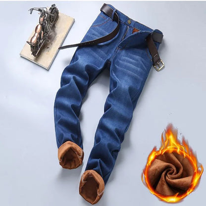 Men New Fashion Winter Warm Jeans Male Fleece Lined Thickened Denim Pants Loose Straight Comfortable Casual Black Blue Trousers