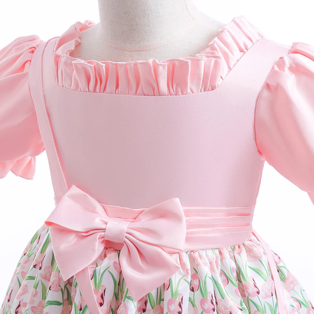Summer Girls Dress With Bag Elegant Kid Floral Print Princess Party Dresses For Girl Children Costume Birthday Wedding Prom Gown