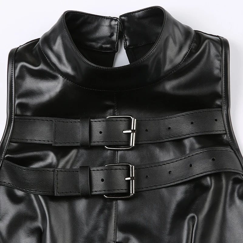 Punk Style Leather PU Patchwork Crop Tops Women Grunge Biker Sleeveless Corset Tank Top Streetwear Dark Academia Vest