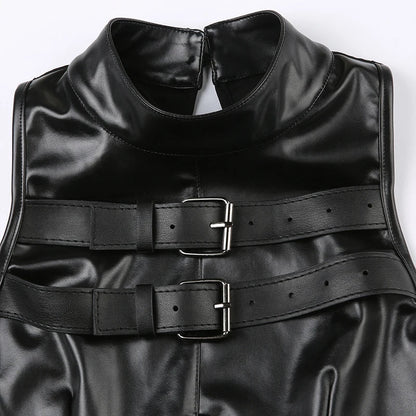 Punk Style Leather PU Patchwork Crop Tops Women Grunge Biker Sleeveless Corset Tank Top Streetwear Dark Academia Vest