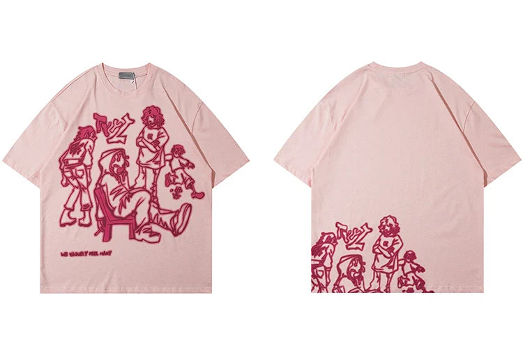Harajuku Cartoon Girl Cat Japanese Kanji Graphic T Shirt Streetwear Men T-Shirt Summer Short Sleeve Tshirt Tops Tees Unisex
