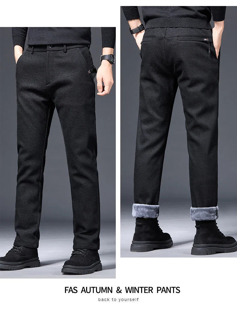 Men's Winter Fleece Elastic Casual Pants Thick Warm Soft Business Stretch Slim Trousers Streetwear Fashion Korean Brand Clothes