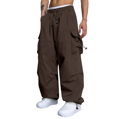 Cool Streetwear Versatile Quicky Drying Wide Leg Low Waist Drawstring Cargo Trousers Fashion Daily Casual Pockets Pants For Male